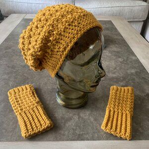 Hand Crocheted Women's Beanie & Glove Set Mustard